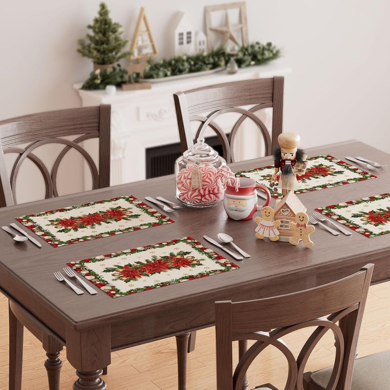 XCHI Christmas Poinsettias Leaves Bells Snowflakes Winter Xmas Placemats Set of 4 Table Mats for Party Home Kitchen Dining Table Decorations 12x18 Inch - Image 4